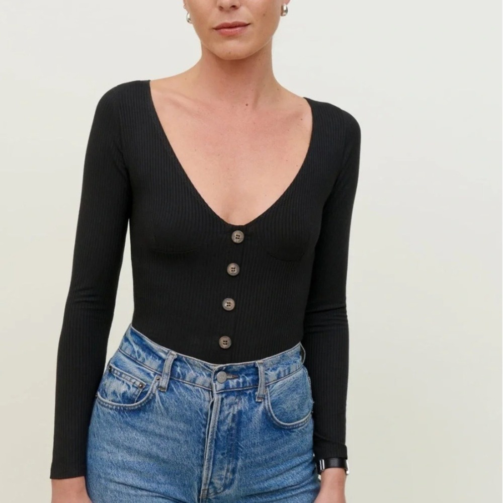 Reformation Virgil Knit Top Black Ribbed V-Neck Button Front‎ Long Sleeve Small